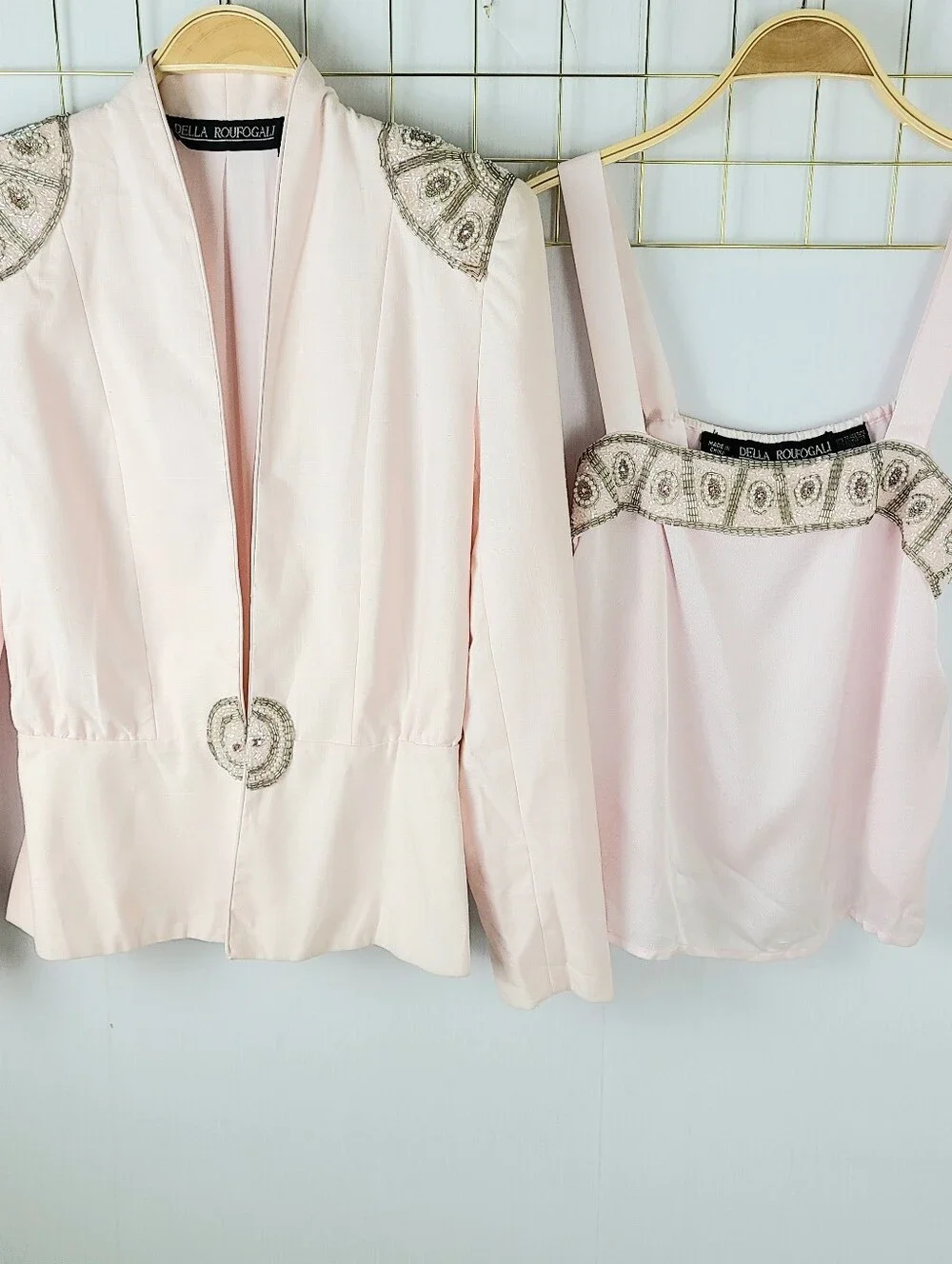 Della Roufogali Pink Sequin Beaded Vintage Blazer Camisole Set